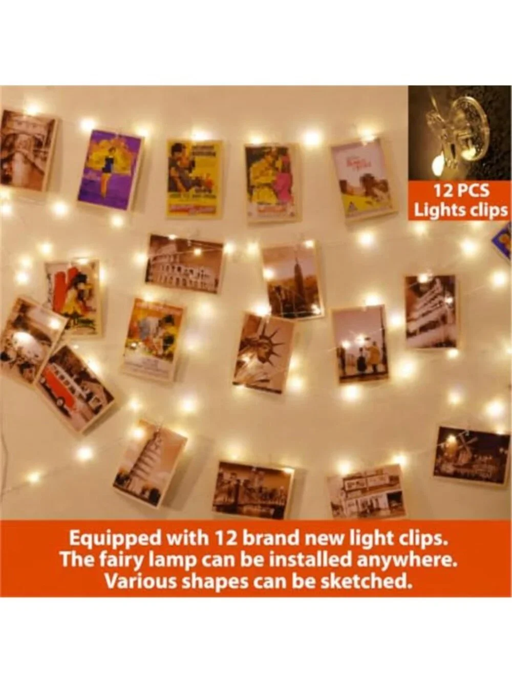 40ft 120 LED Photo Clip String Lights Warm White Fairy Lights USB Remote Timer